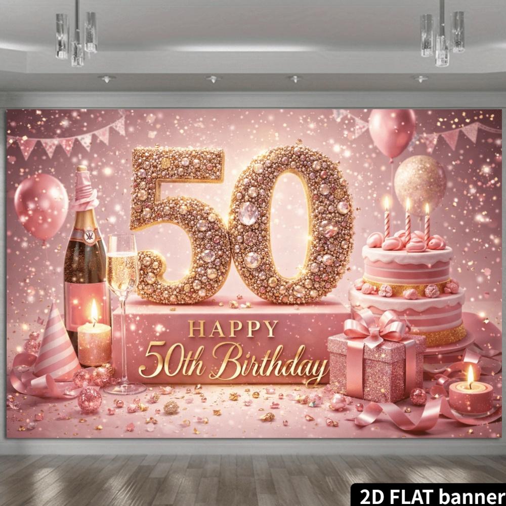 Тканевый фон для вечеринки в честь 50-летия, 2D-плоскость, золотые сверкающие бриллианты, цифры 50, тема: бутылка шампанского и полосатая вечеринка