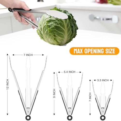 Hotec Stainless Steel Kitchen Tongs, 3-7", 9", 12", Locking Metal Food Tongs for Cooking, Serving, BBQ, and Grilling with Non-Slip Grip