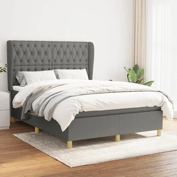 Sommier à lattes avec matelas - 140x200cm - Tête de lit réglable - Gris foncé - 2 places