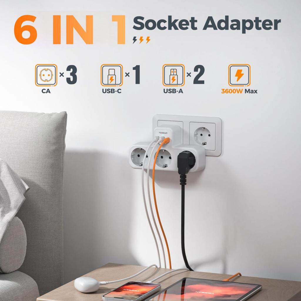 Tessan Многофункциональная настенная розетка с 2 портами USB C и 1 портом USB A, USB-адаптер 6 в 1 с защитой от перегрузки для смартфона, планшета