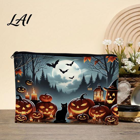 Smooth Zipper Bag Storage Bag with Zipper Thickened Polyester Large Capacity Colorful Printed Cosmetic Halloween Witch Pumpkin Pattern Pouch Durable