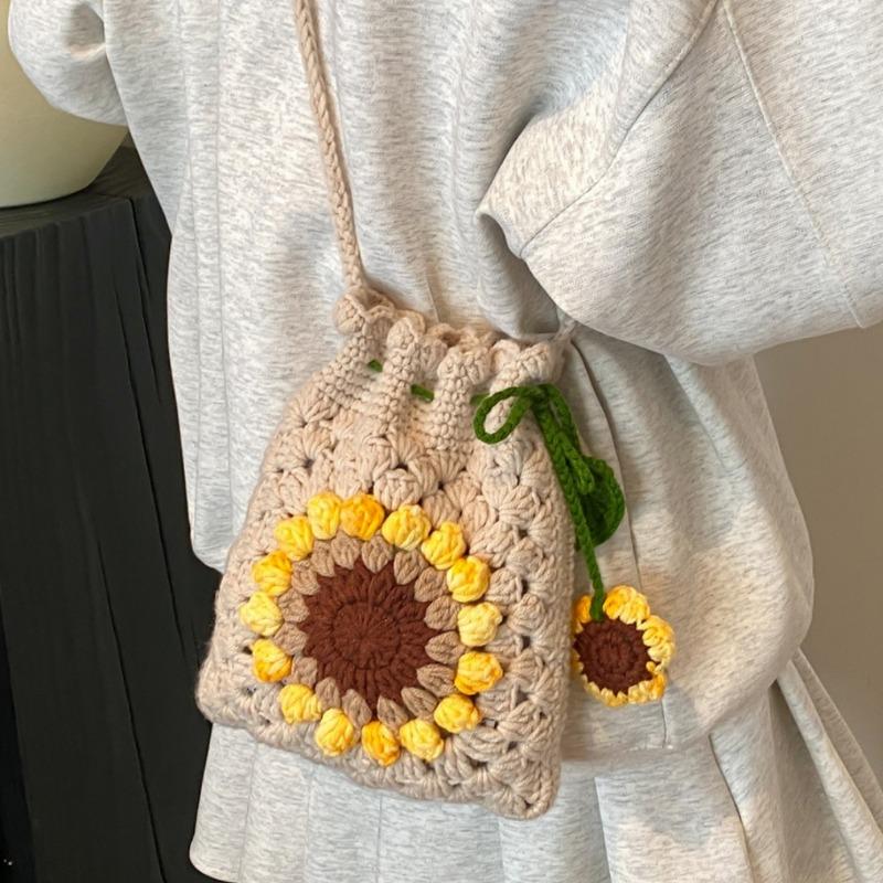 Knitted Wool Bag Sunflower Drawstring Phone Bag Woven Single Shoulder Crossbody Bucket Bag
