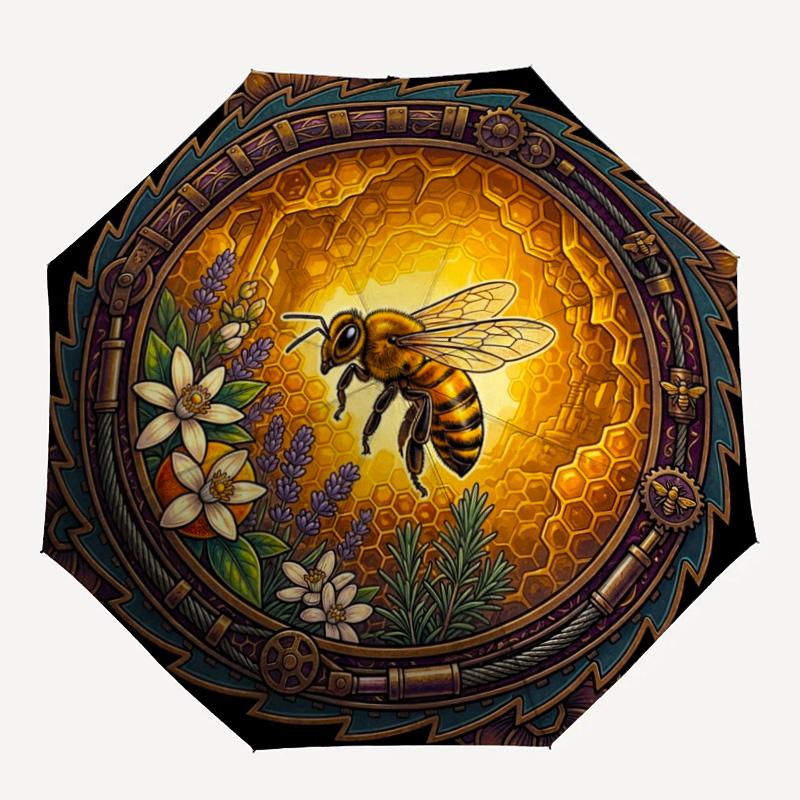 Bee Honeycomb Garden Emblem pattern umbrella, portable and foldable design, 8 ribs, a casual accessory for Halloween, Christmas, and birthday gifts.