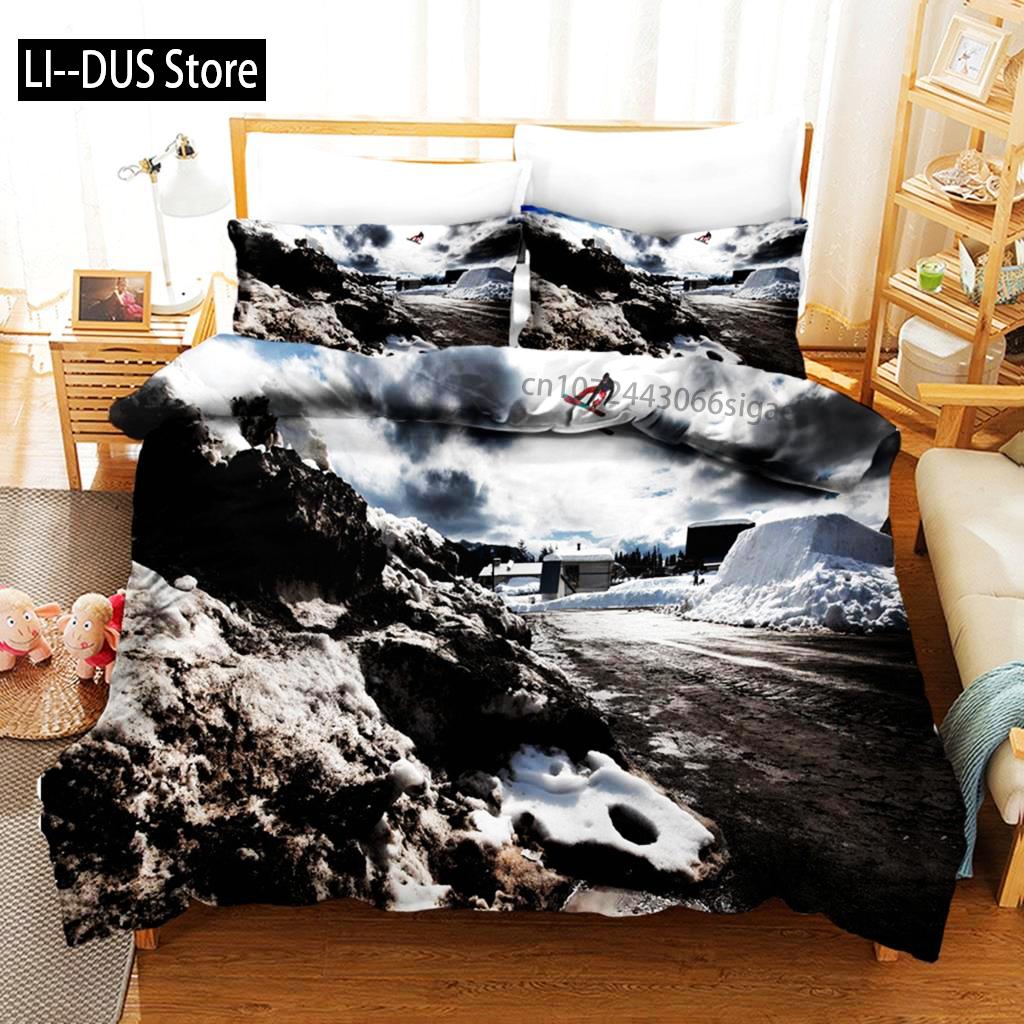 Пододеяльник для лыжного спорта из микрофибры с изображением экстремальных видов спорта, комплект постельного белья для зимних видов спорта, лыжи, снег, горный пейзаж, двуспальная кровать, королева, пододеяльник