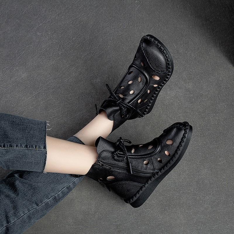 Johnature Women Shoes Summer Sandals Genuine Leather Round Toe Lace-up Handmade Retro Breathable Hollow-out Boots