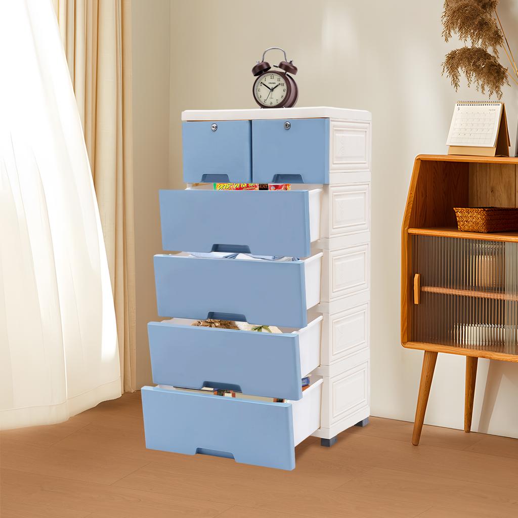 6pcs Drawers PP Rectangle Storage Cabinet Home Furniture with 4 Bottom Wheels,Two Small Drawers with Locks Simple Elegant Design