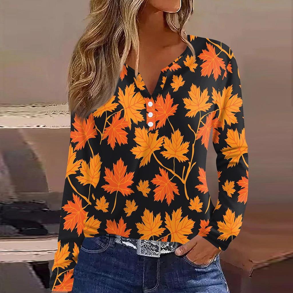 Жен. Футболка Футболка на пуговицах с длинным рукавом Повседневные Выходные Мода Классический Топ с v-образным вырезом Обычный