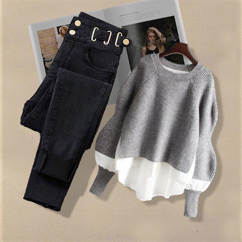 Женский комплект из двух предметов Four Seasons Plus Size Slim с круглым вырезом и свободными тонкими брюками