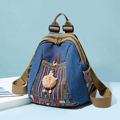 Повседневный джинсовый рюкзак в этническом стиле с ретро-вышивкой - Большая вместимость для путешествий и поездок на работу