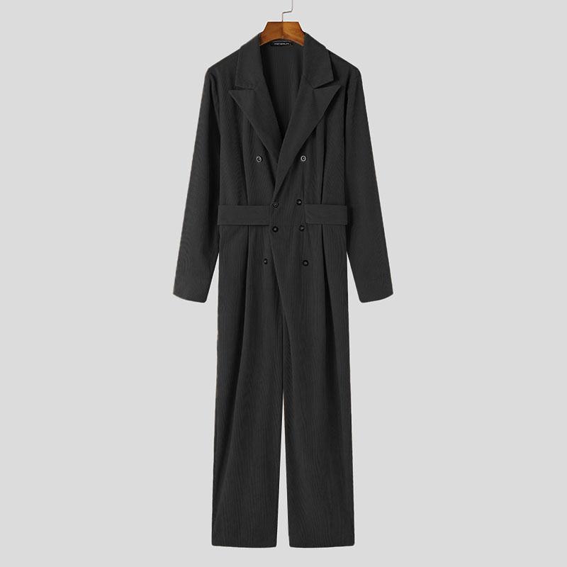 INCERUN Men Lapel V Neck Long Sleeve Corduroy Jumpsuits Buttons Long Rompers
