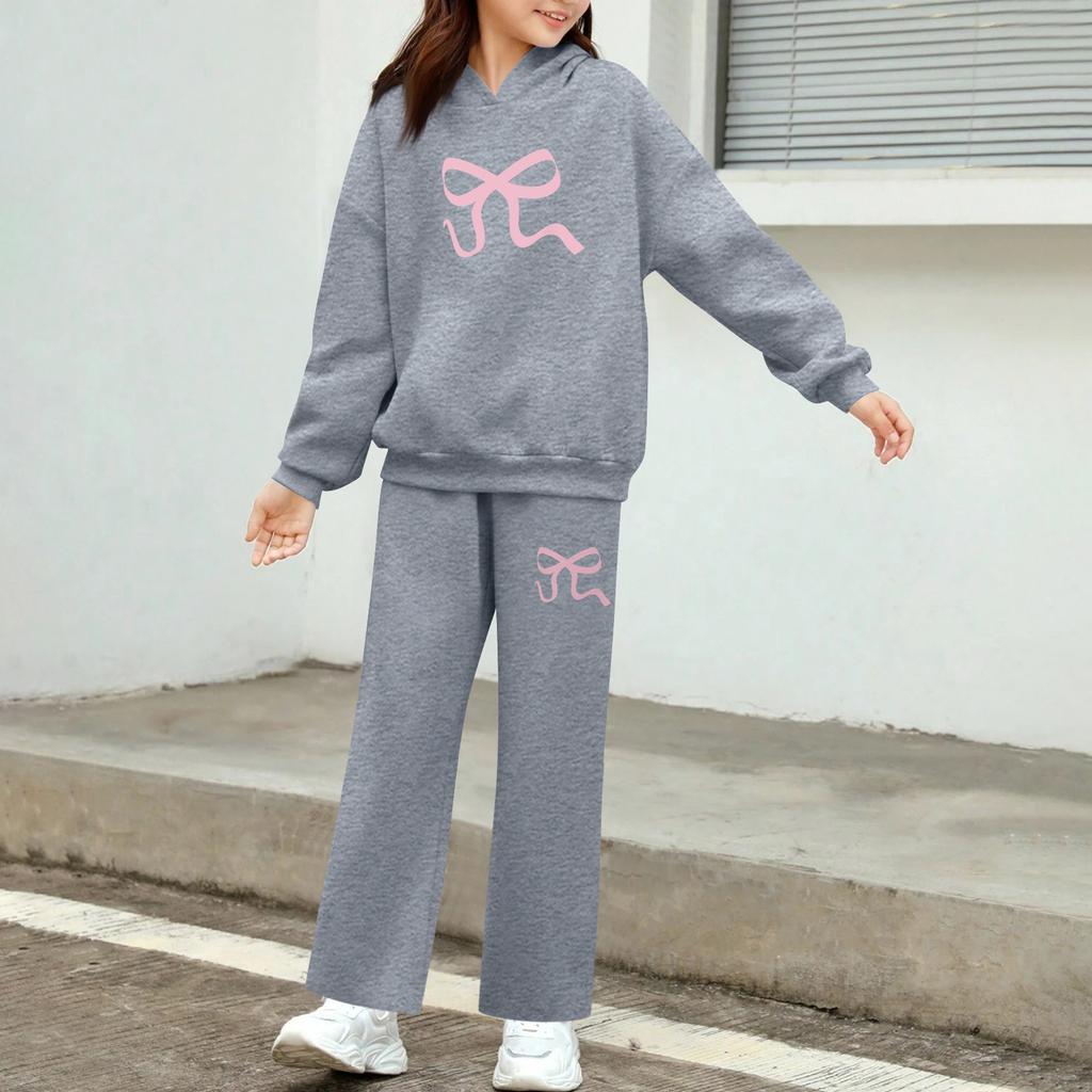 Kids' Plush Long Sleeve Long Pants Loose Pullover Bow Print Hoodie Set