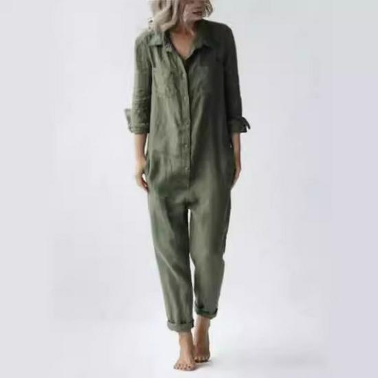 Green Casual Cotton Long Sleeve Jumpsuit with Turn-Down Collar and Pocket