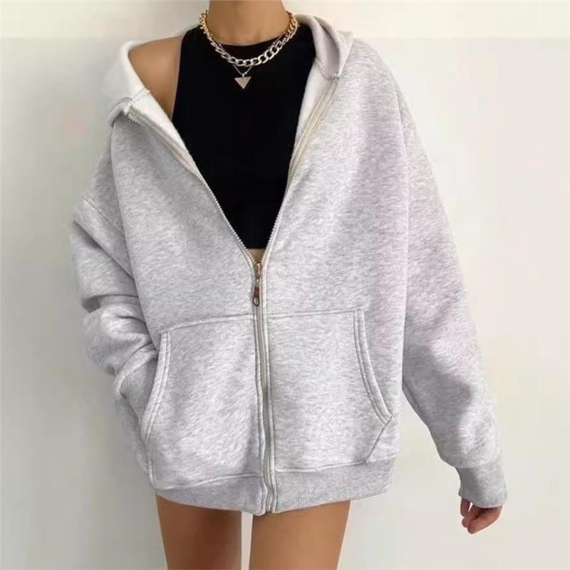 Women's Plain Color Casual Zipper Hooded Cardigan Coat With Pockets