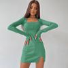 Ribbed Women Solid Long Sleeve Slit Mini Dress Square Collar Bodycon Sexy Streetwear Party Club Autumn Winter