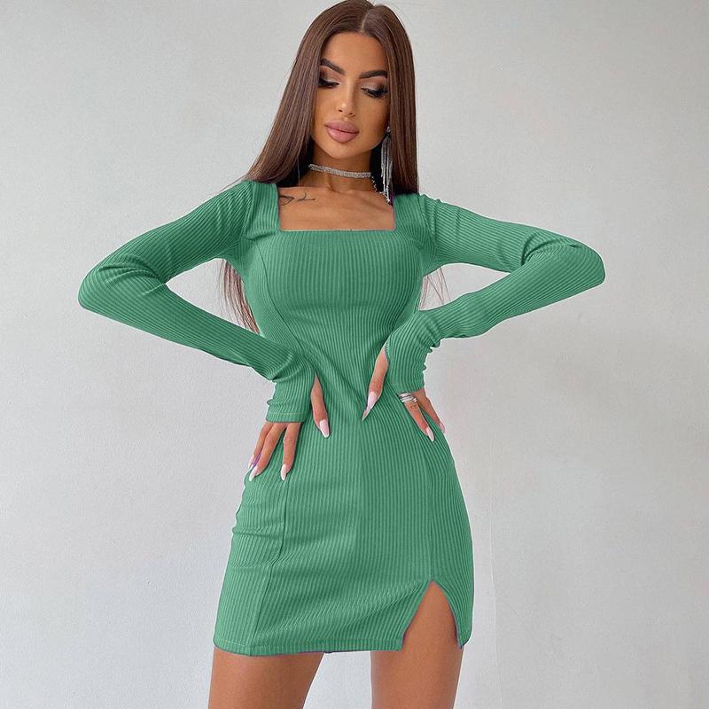 Ribbed Women Solid Long Sleeve Slit Mini Dress Square Collar Bodycon Sexy Streetwear Party Club Autumn Winter