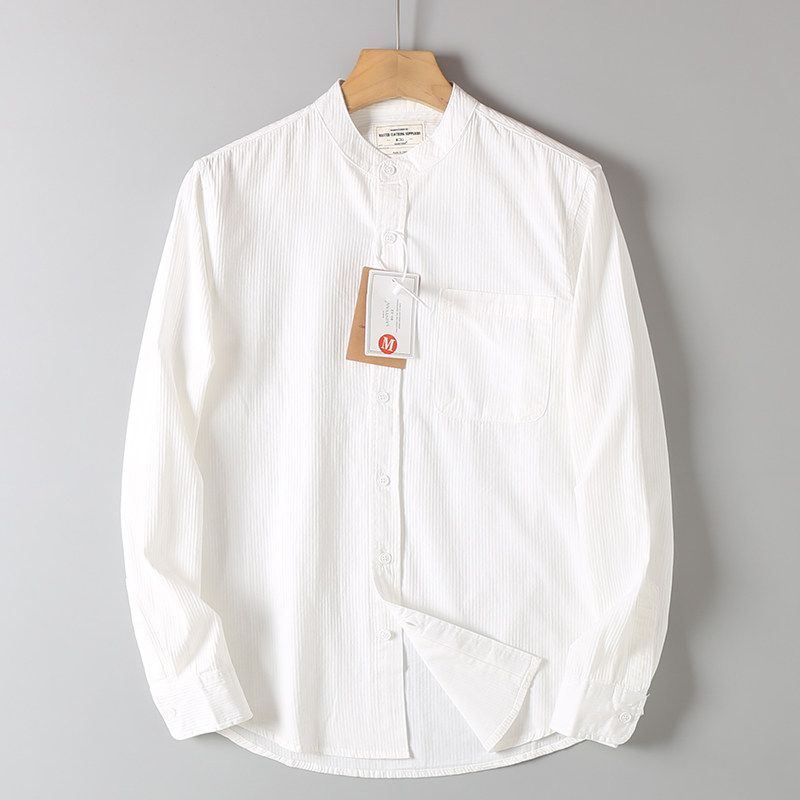 Men's Autumn Versatile Loose Casual Long-Sleeve Shirt with Dark Striped Collar, Made from Washed Cotton, from Foreign Trade Surplus Stock