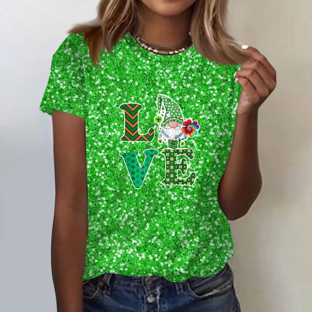 Women's  Casual Short Sleeve Shirts Fashion St Patrick's Print Tunic Tops With Pockets