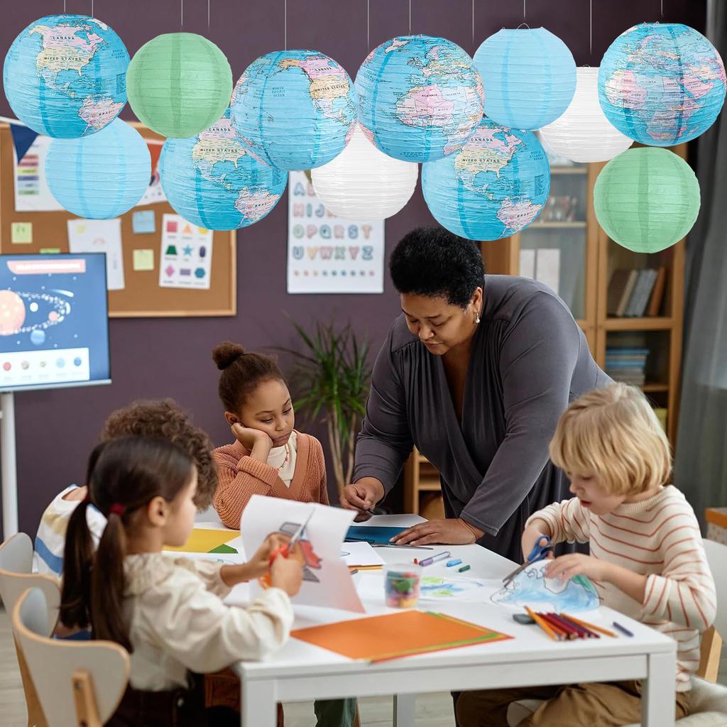 Paper Lanterns Set Hanging Paper Lanterns Ceiling Party Decorations World Map Combination Macaron Lanterns for School Classroom