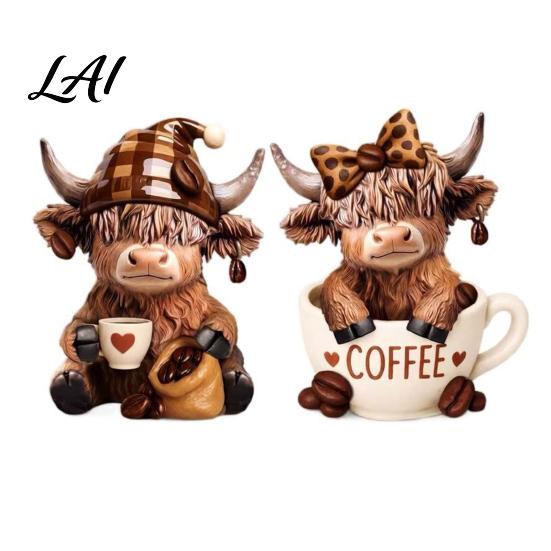 Stable Resin Figurine Ornament 2Pcs Coffee Cow Figurine Cute Animal Statue for Home Desk Miniature Highland Decor Cafe Style Tabletop Ornament,