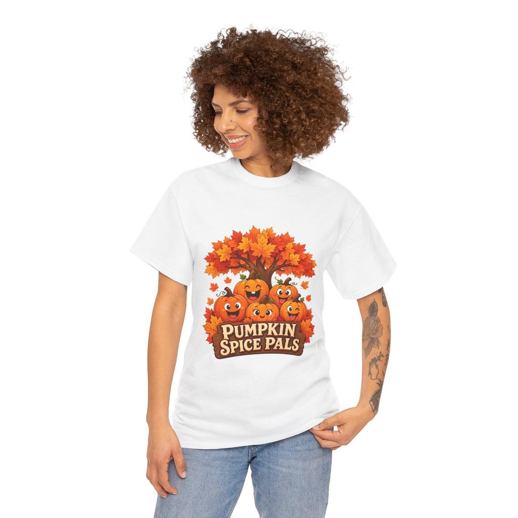 Pumpkin Friends Autumn Harvest Maple Tree Cartoon Faces Unisex Heavy Cotton Tee