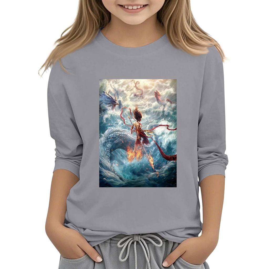 Топы с принтом для девочек 5-16 лет с круглым вырезом и рукавами 3/4 Футболки Модные топы Наряды Футболки