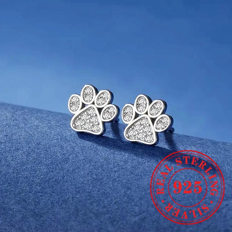 Sweet Shiny White CZ Heart Pierced Earrings for Girls Sterling Silver Cute Pet Paw Prints Jewelry Daily Party Jewelry