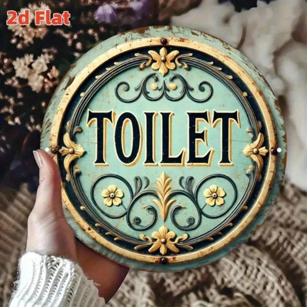 Retro Toilet Sign Metal Wall Art Gold Blue Green Decor