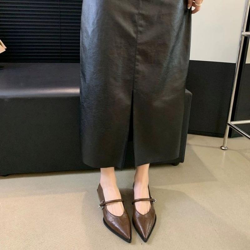 2024 Новые Ретро Остроносые Одинарные Женские Туфли Универсальный Ремешок на Одну Линию Повседневные Толстый Каблук Неглубокие Металлическая Пряжка Низкий Каблук Женская Обувь