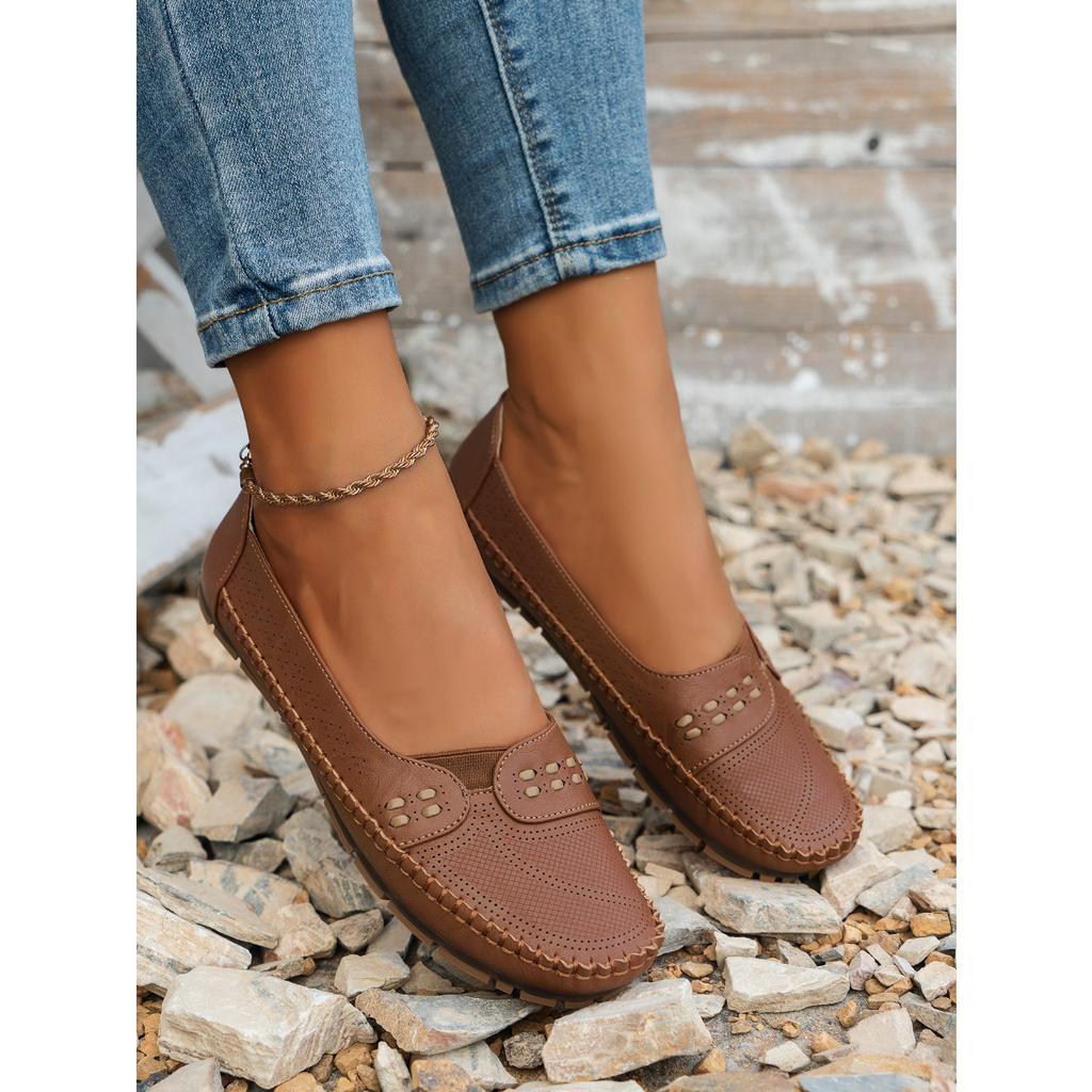 Швейные Лазерные Женские Лоферы на Плоской Подошве