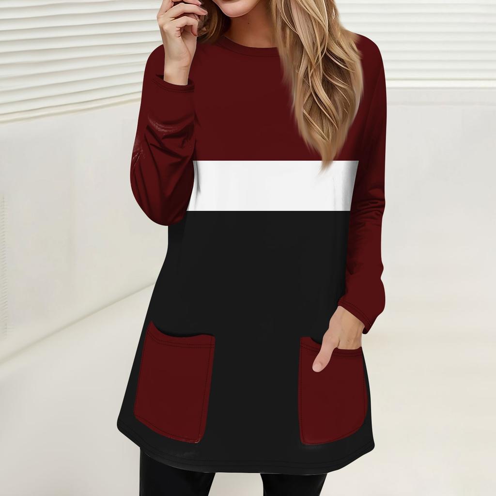 Женская мода повседневный свитер футболка с круглым вырезом карман полосатый пэчворк принтованный топ с длинным рукавом