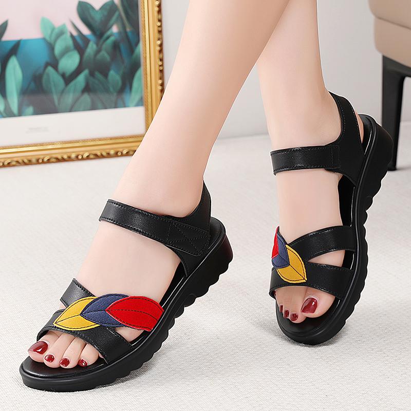 Women Beige Sandals Casual Soft Comfortable Flats Shoes Black Flower Simple Open Toe Sandals for Mother
