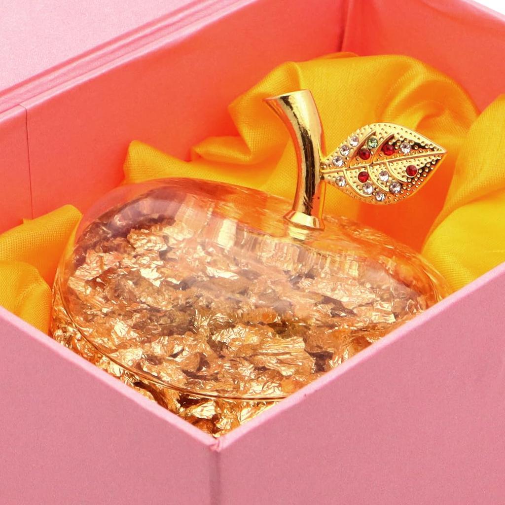 Golden Apple Figurine with Gold Leaf, Mother's Day Gift, Auspicious Charm, Feng Shui, Happiness, Good Luck, New Year's Gift, Medium Size, with Box