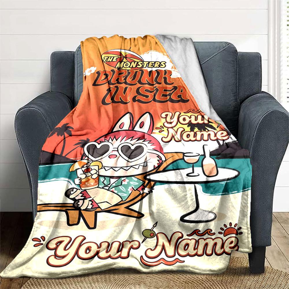 Labubu Personalized Text Blanket Throw Customizable Blanket Soft Warm Cozy Perfect for Office Living Room Couch Seaside Four Seasons Multipurpose