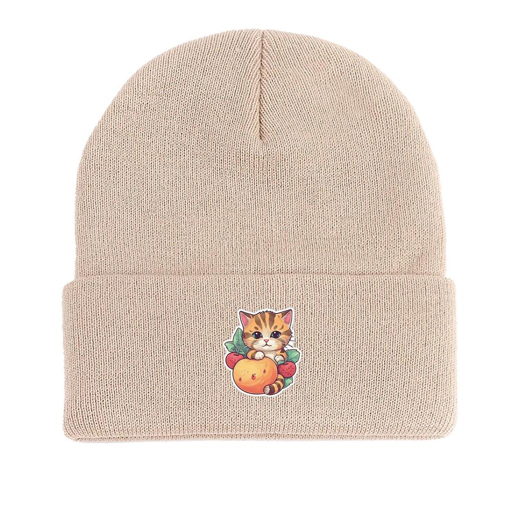 Cat Fruit Print Knitted Cap Beanie, Skull Cap Cancer Chemo Fit Trendy Headwear Knit Hat Beanie