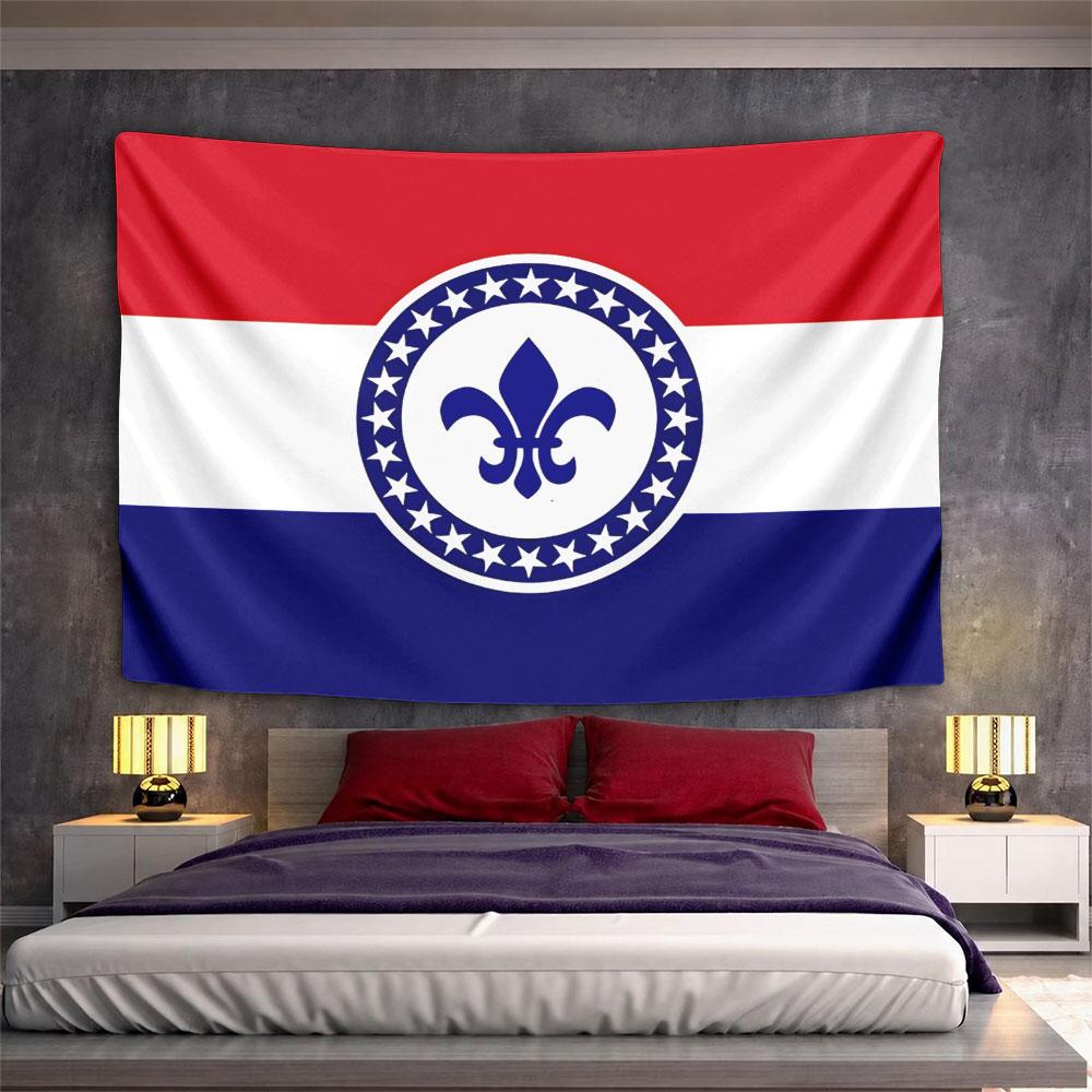A tricolor background with a fleur-de-lis in a circle of stars. Patterned tapestry for bedroom and living room home decor