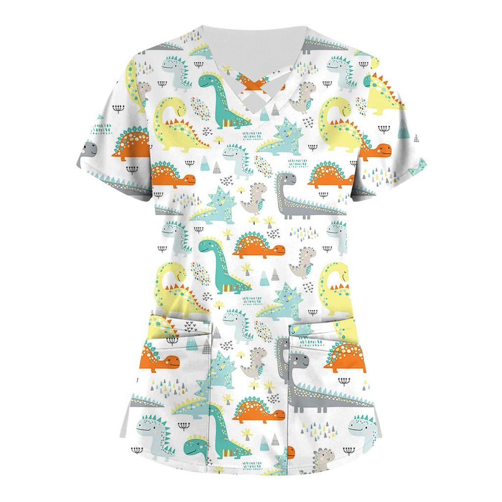 Plus Size Cute Printed Scrub Working Uniform Tops For Women Cross V-Neck Short Sleeve Fun T-Shirts Workwear Tee With Pockets