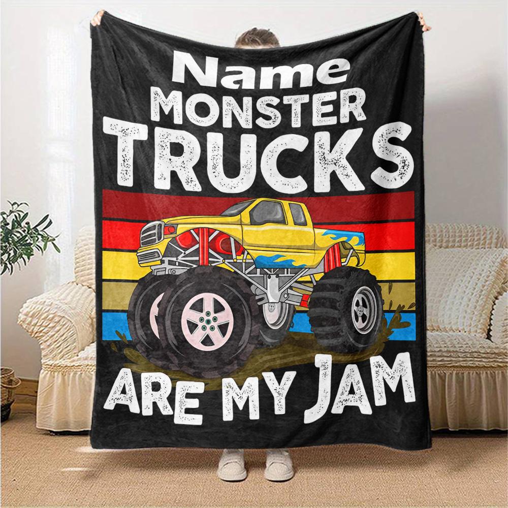 Custom Name Truck Theme Printed Blanket - Perfect for Couch, Bed, Travel & Outdoor Use | Machine Washable, Cozy & Durable.