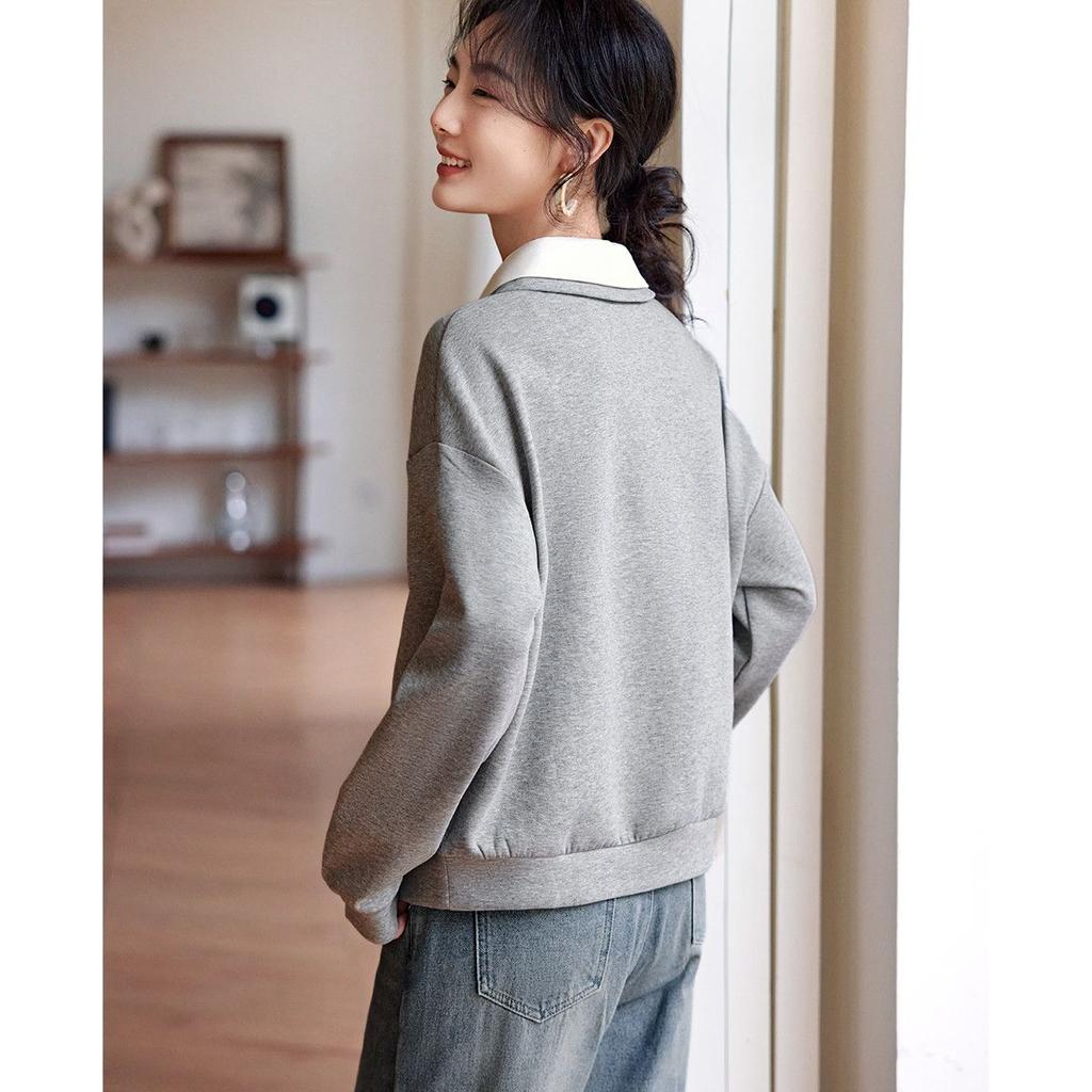 Double-layer Collar Design Gray Sweatshirt for Women Casual Simple Temperament Versatile Flesh Covering and Slimming Top