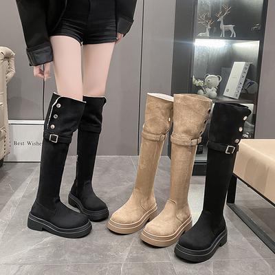 Женские сапоги на толстой подошве 2025 новая осень и зима но до колена замшевые сапоги женские тонкие высокие сапоги для верховой езды