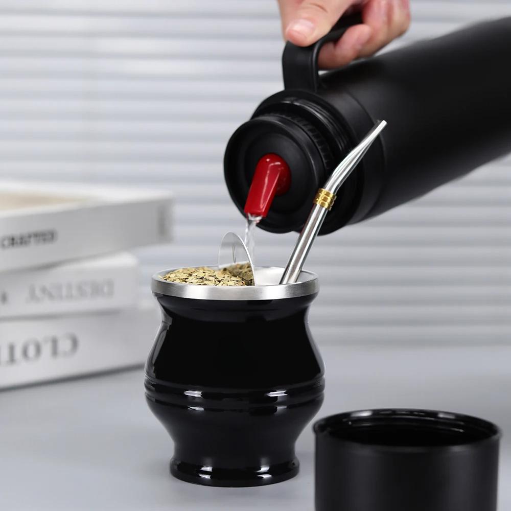 Вакуумная термос-колба объемом 1000 мл с широким горлом, матово-черная, из нержавеющей стали для мате, кофе, чая, воды
