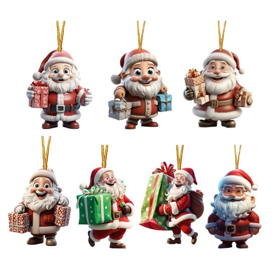 2/7Pcs Christmas Santa Claus Hanging Decoration Holiday Party Winter Xmas Tree 2D Flat Acrylic Cartoon Father Christmas Hanging Ornament