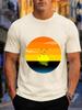 2026 New 100 Cotton Tshirt Retro Gradient Sunset Ocean Seagull Circular Landscape Print Unisexs Casual Tee Casual Short Sleeve