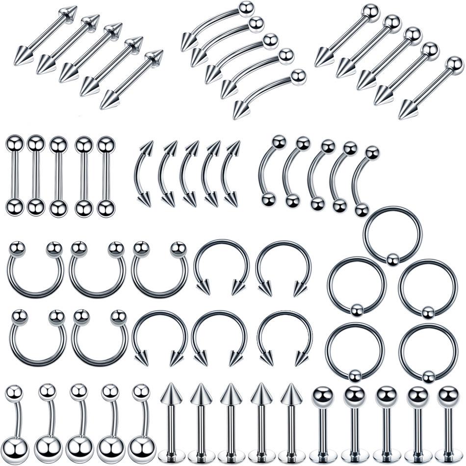 60-Piece Stainless Steel Lip, Stud, and Nose Ring Set – Popular European & American Piercing Jewelry Accessories