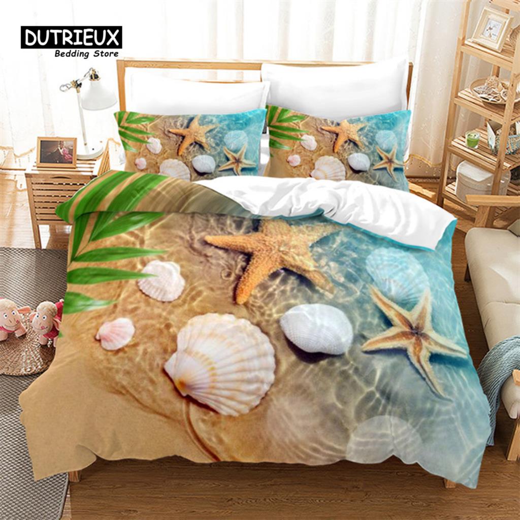 Fish Sea Turtle Duvet Cover Jellyfish Seashell Starfish Bedding Set Microfiber Marine Theme Quilt Cover Twin Full For Kids Adult