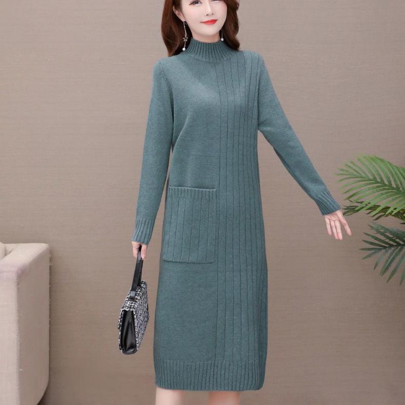 Вязаное платье для женщин на осень и зиму в корейском стиле, свободный пуловер средней длины, однотонное платье-свитер с полувысоким воротником