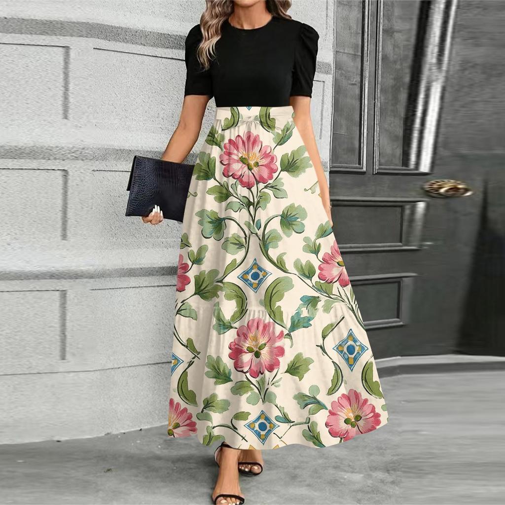 Женское модное повседневное платье с поясом, коротким рукавом, круглым вырезом и принтом, элегантное и темпераментное