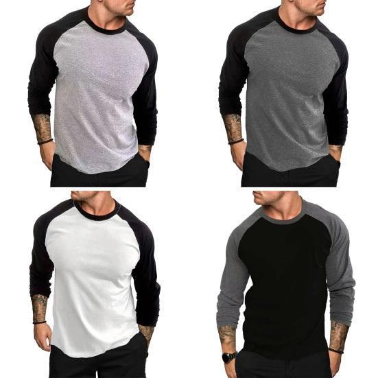 Spring Autumn Men Casual T-shirt O-neck Raglan Sleeve Color Matching Slim Fit Fitness Gym Pullover Tops Streetwear