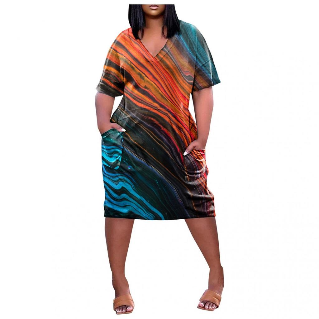 Женское летнее повседневное платье больших размеров с V-образным вырезом и коротким рукавом с карманом до колена