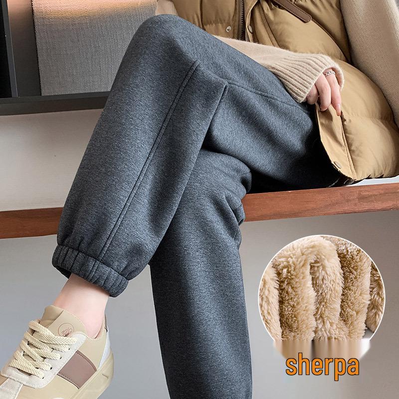 Женские флисовые спортивные штаны с высокой посадкой и манжетами - Толстые серые джоггеры для осени/зимы 2024