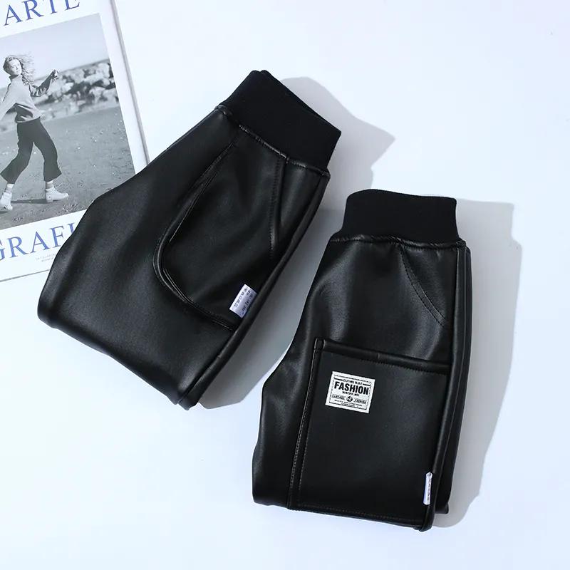 Детские кожаные штаны осень-зима плюс бархат утолщенные теплые и ветрозащитные кожаные штаны водонепроницаемые детские штаны на шнурке